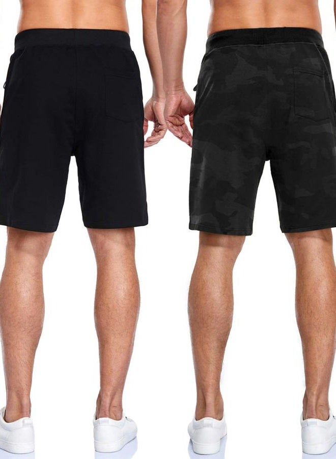 Boyzn Men's 2 Pack Athletic Shorts Comfortable Cotton Workout Shorts Elastic Waist Running Shorts with Zipper Pockets, 2pack-black/Camo Black, L - Image 4