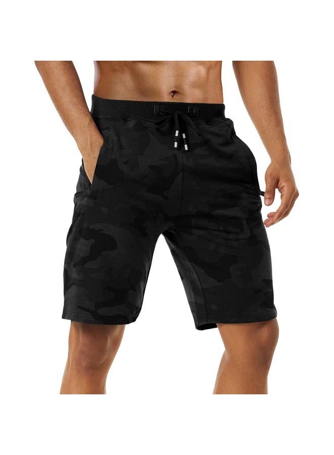 Boyzn Men's 2 Pack Athletic Shorts Comfortable Cotton Workout Shorts Elastic Waist Running Shorts with Zipper Pockets, 2pack-black/Camo Black, L - Image 3