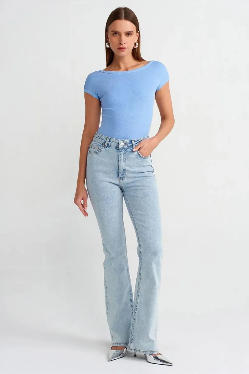 Dilvin Baby Blue DILVIN Women's Crop T-Shirt With Square Neck And Cut-Out for Women | Best Price UAE