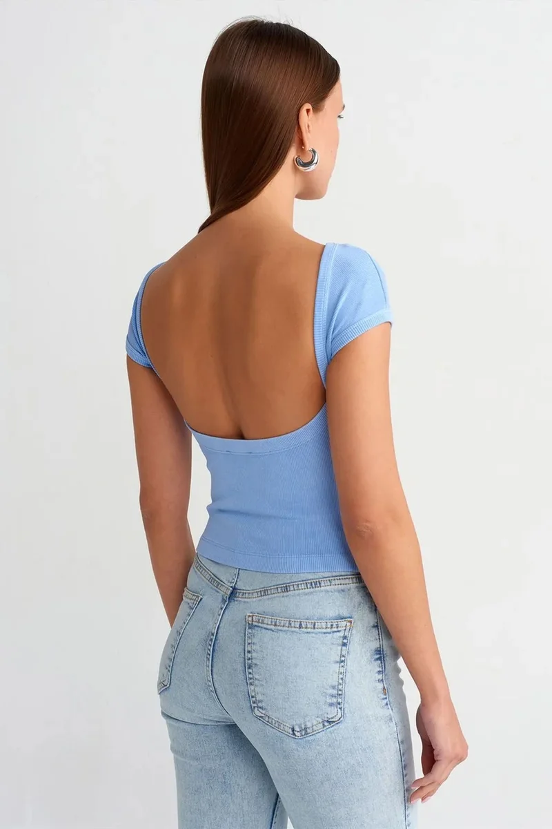 Dilvin Baby Blue DILVIN Women's Crop T-Shirt With Square Neck And Cut-Out for Women | Best Price UAE