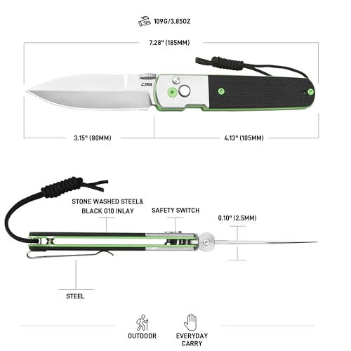 CJRB CUTLERY سكين CJRB لوكست EDC، شفرة فولاذية AR-RPM9 بطول 3.15 بوصة، سكين قابل للطي بمقبض من الفولاذ المغسول بالحجر و G10، قفل زر مع مفتاح أمان للرجال والنساء للتخييم والمشي (1951-SBK) - Image 2