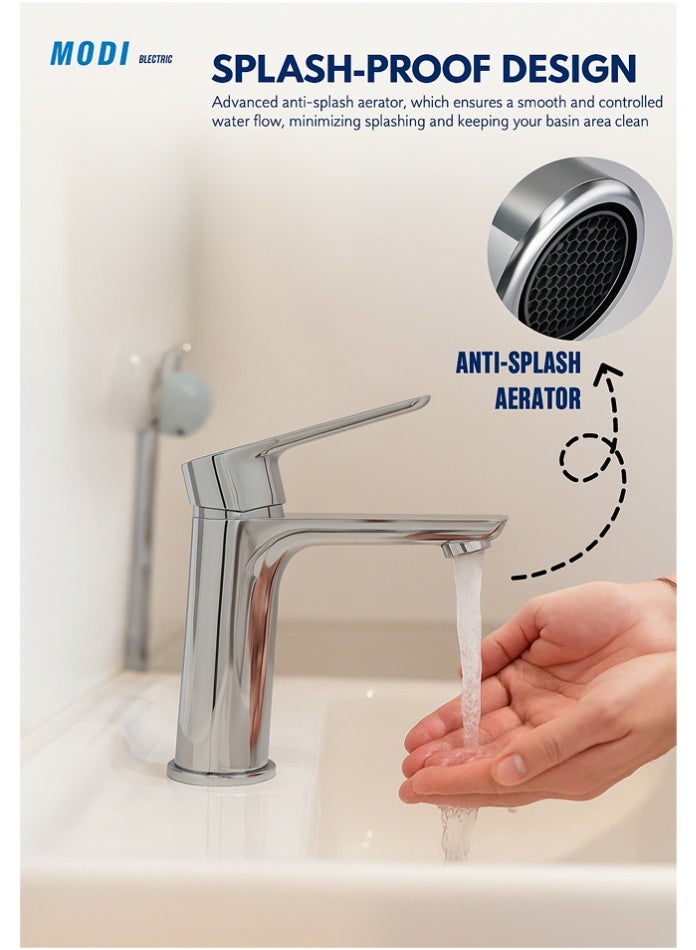مودي خلاط مغسلة – تشطيب كروم، هيكل ومقبض من سبائك الزنك، بحجم 150×45×165 مم، خلاط حمام بمقبض واحد - Image 4