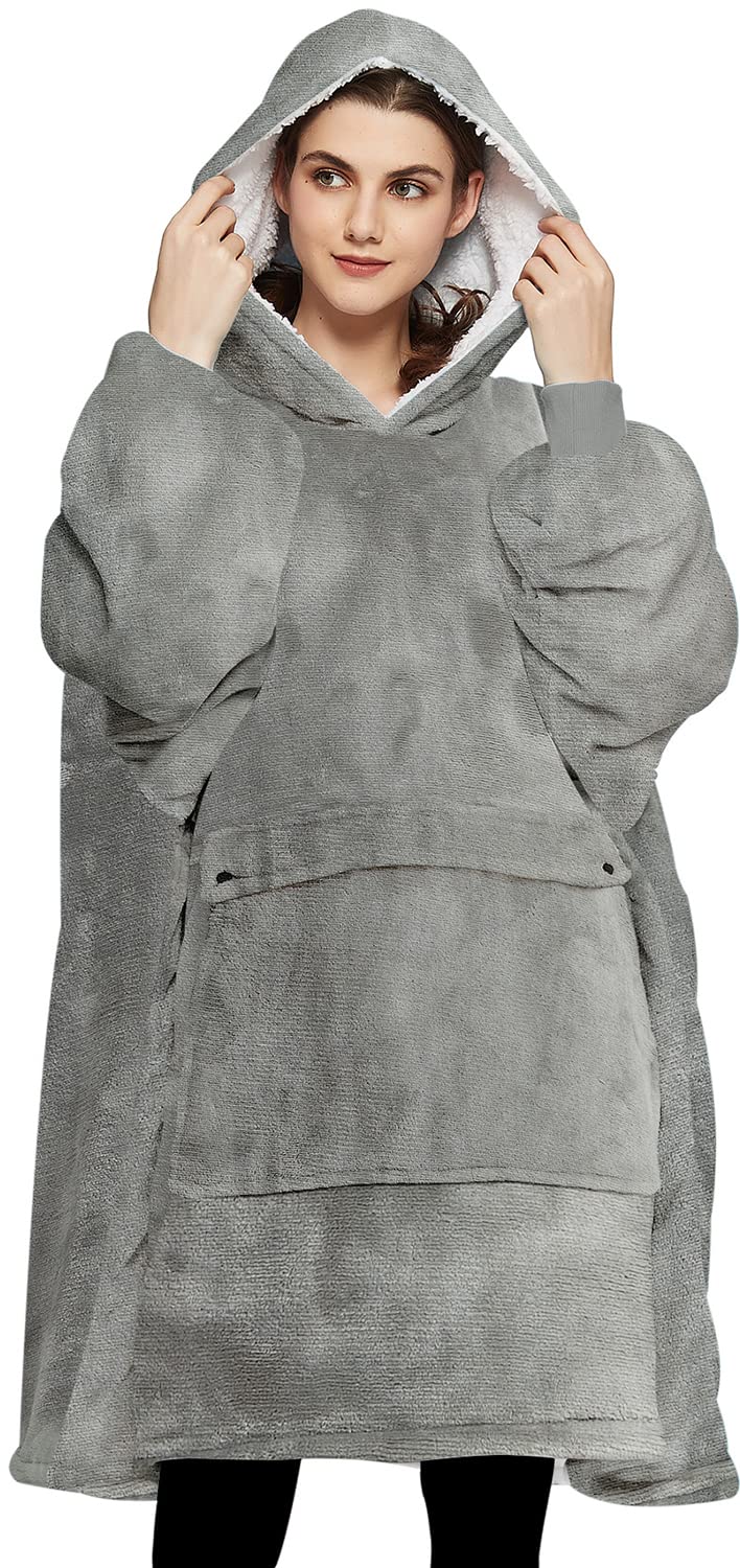 KFUBUO Wearable Blanket Hoodie for Adults Sherpa All Patterns Oversized Sweatshirt Blanket with Pockets Gifts for Mom Grey - Image 1
