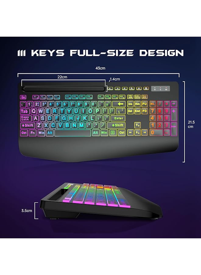 Wireless Keyboard And Mouse Combo Membrane Silent Gaming Keyboard With Mechanical Feeling Full Size Bluetooth/2.4Ghz/Wired Keyboard Rgb Backlit Ergonomic Wrist Rest For Pc/Computer/Mac/Ps5 - Image 4
