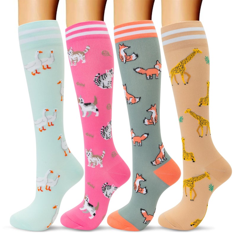 fenglaoda Compression Socks Women Men 4 Pairs, Knee High Support Socks for Running, Sports, Travel, Flight, Nurse - Image 1