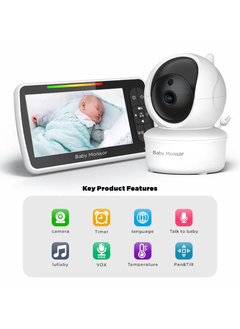 DIDseth - Baby Monitor with Camera and Audio, 5''Display with 3000mah Battery, Pan-Tilt-Zoom Video, Night Vision, 2-Way Talk, Temperature, Lullabies Playing and 960ft Range, Ideal for Gift - Image 1