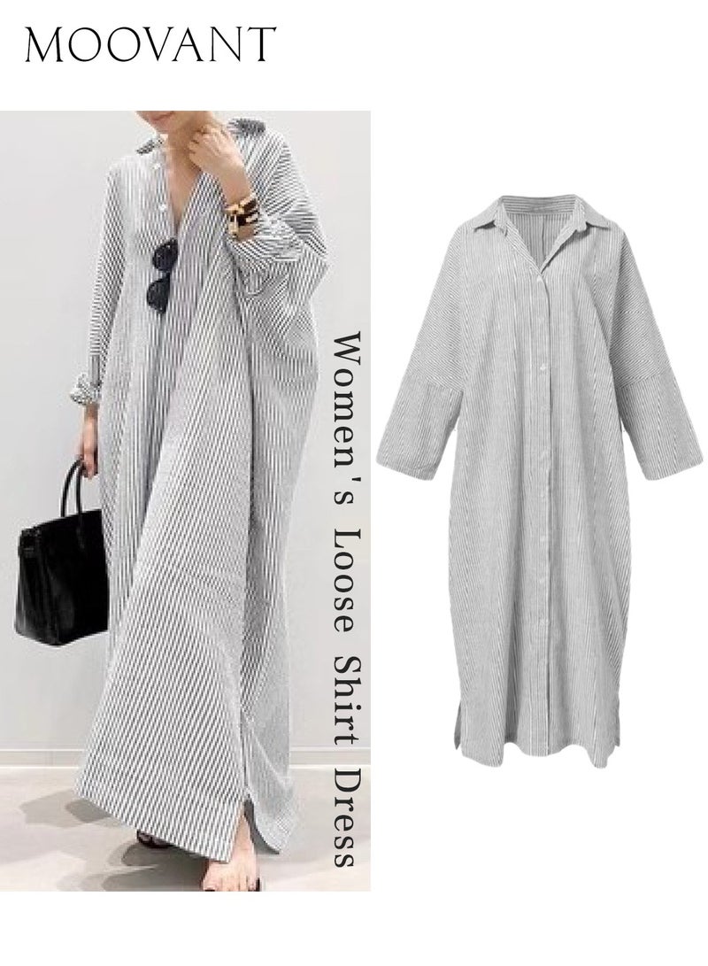 Moovant Shirt Dress for Women, Casual Long Sleeve, Button Down, Loose Striped Maxi Cotton Linen Women's Dress, Long Blouse, Plus Size Dresses, Grey  - Image 2