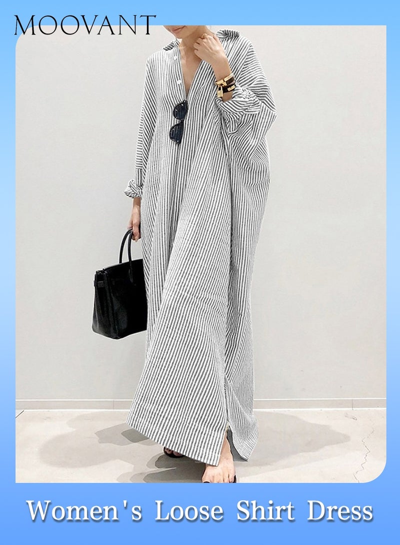 Moovant Shirt Dress for Women, Casual Long Sleeve, Button Down, Loose Striped Maxi Cotton Linen Women's Dress, Long Blouse, Plus Size Dresses, Grey  - Image 1