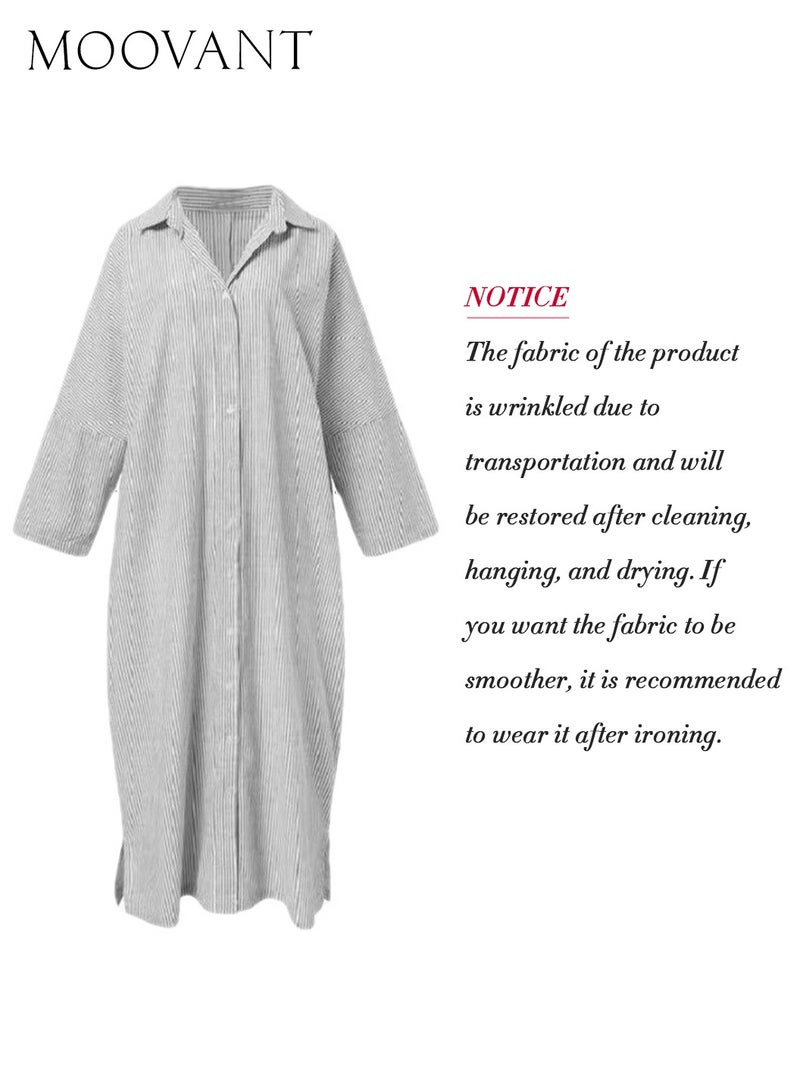 Moovant Shirt Dress for Women, Casual Long Sleeve, Button Down, Loose Striped Maxi Cotton Linen Women's Dress, Long Blouse, Plus Size Dresses, Grey  - Image 5