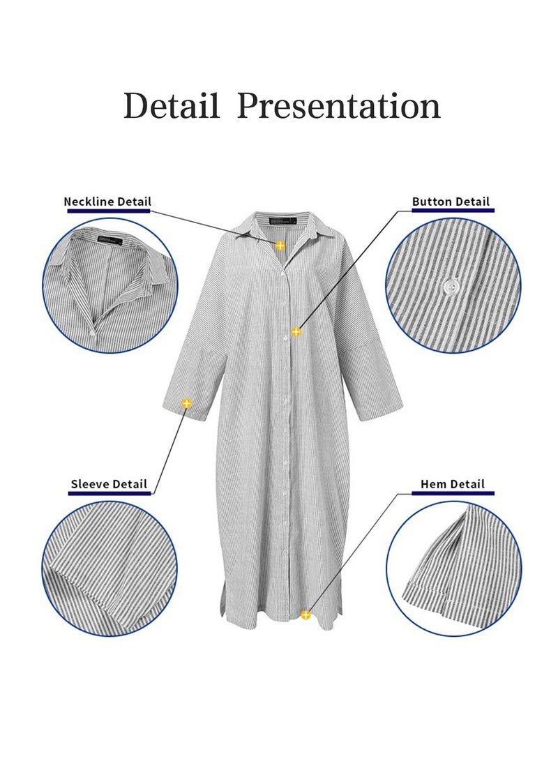 Moovant Shirt Dress for Women, Casual Long Sleeve, Button Down, Loose Striped Maxi Cotton Linen Women's Dress, Long Blouse, Plus Size Dresses, Grey  - Image 3
