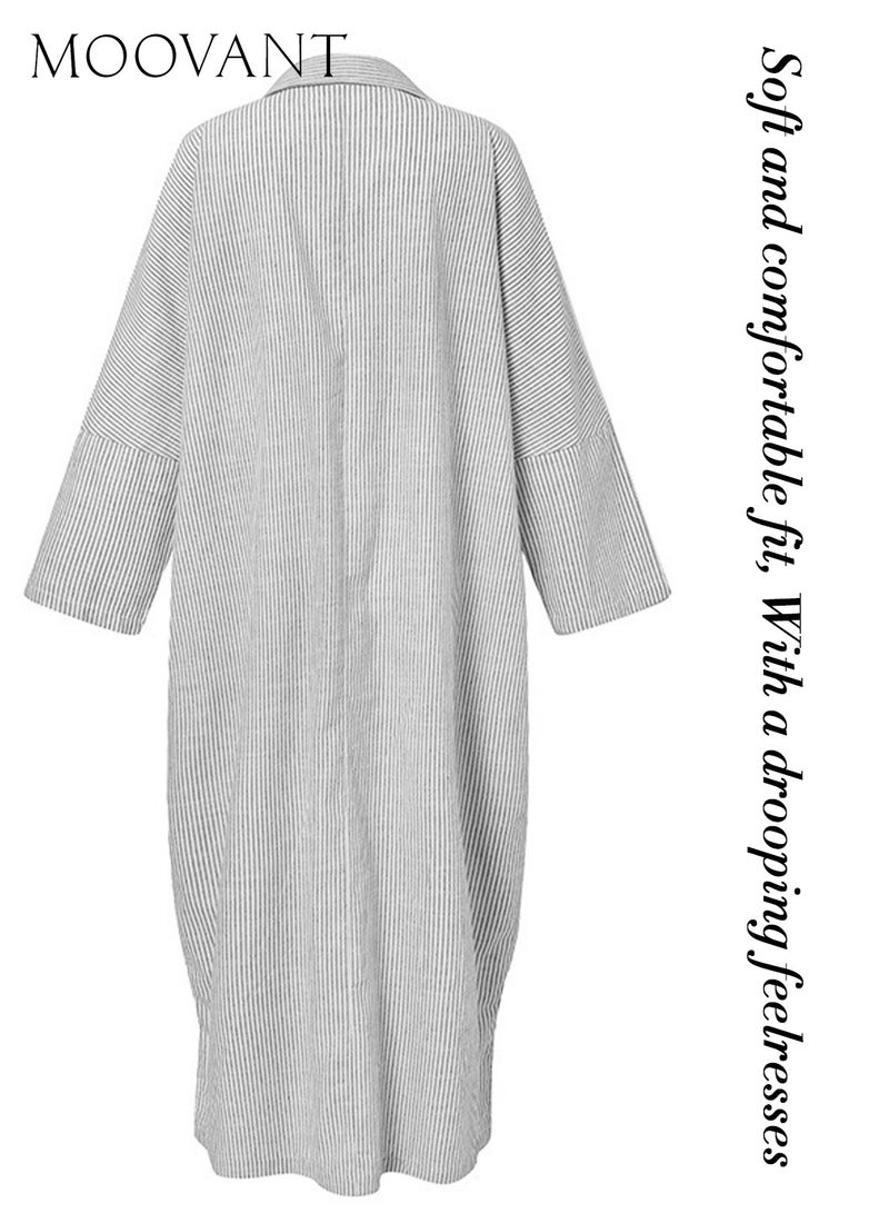 Moovant Shirt Dress for Women, Casual Long Sleeve, Button Down, Loose Striped Maxi Cotton Linen Women's Dress, Long Blouse, Plus Size Dresses, Grey  - Image 4