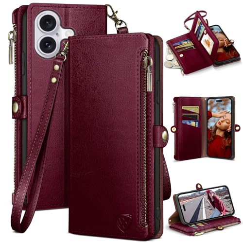 XcaseBar compatible with iPhone 16 Plus 6.7" Wallet case with Zipper Credit Card Holder【RFID Blocking】,Flip Folio Book PU Leather Phone case Shockproof Cover Women Men for Apple 16 Plus case Wine Red - Image 1