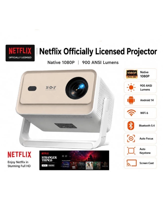 XGODY Netflix Official XGODY Gimbal N6PRO Smart Projector 900 ANSI Lumens Native Ultra HD 4K Support Auto Focus Auto Keystone WiFi 6 Bluetooth 5.4 Android 1GB RAM 32GB Storage 5W Speaker Home Cinema Portable Projector for Movies Gaming Office UAE - Image 1