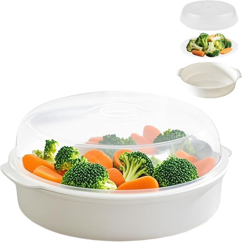 Bigwinyep Microwave Steamer for Vegetables, Plastic Microwave Vegetable Steamer with Lid for Vegetables Prep Seafood Fish Cooking, White-Round, 10Inch - Image 1