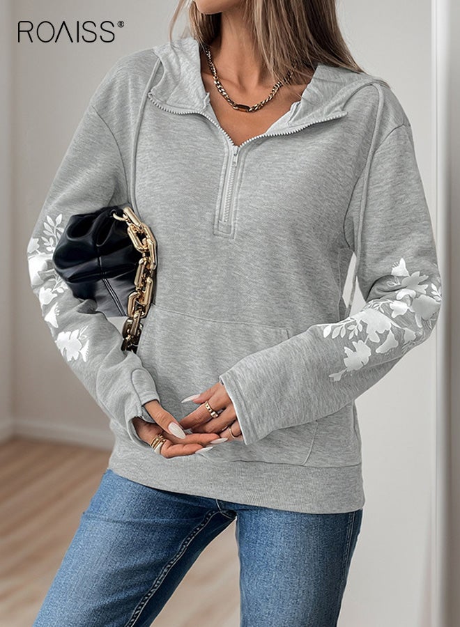 roaiss Women's V-Neck Hoodie, Long-Sleeve Printed Sweatshirt, Relaxed Fit Pullover with Pockets, Soft and Lightweight Streetwear Top with Zipper, Light Gray - Image 2