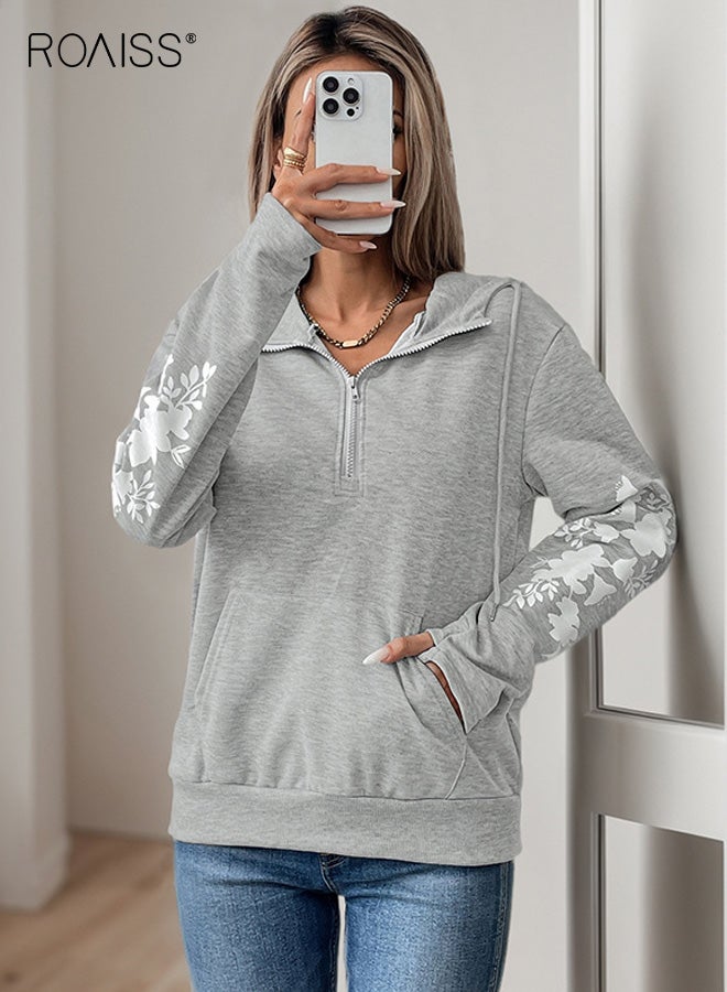roaiss Women's V-Neck Hoodie, Long-Sleeve Printed Sweatshirt, Relaxed Fit Pullover with Pockets, Soft and Lightweight Streetwear Top with Zipper, Light Gray - Image 3