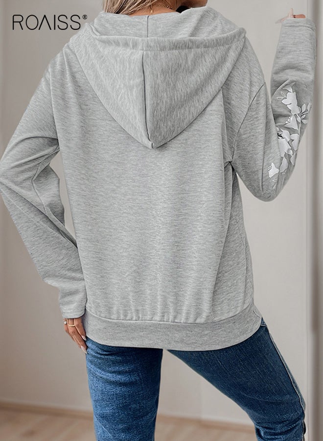 roaiss Women's V-Neck Hoodie, Long-Sleeve Printed Sweatshirt, Relaxed Fit Pullover with Pockets, Soft and Lightweight Streetwear Top with Zipper, Light Gray - Image 4