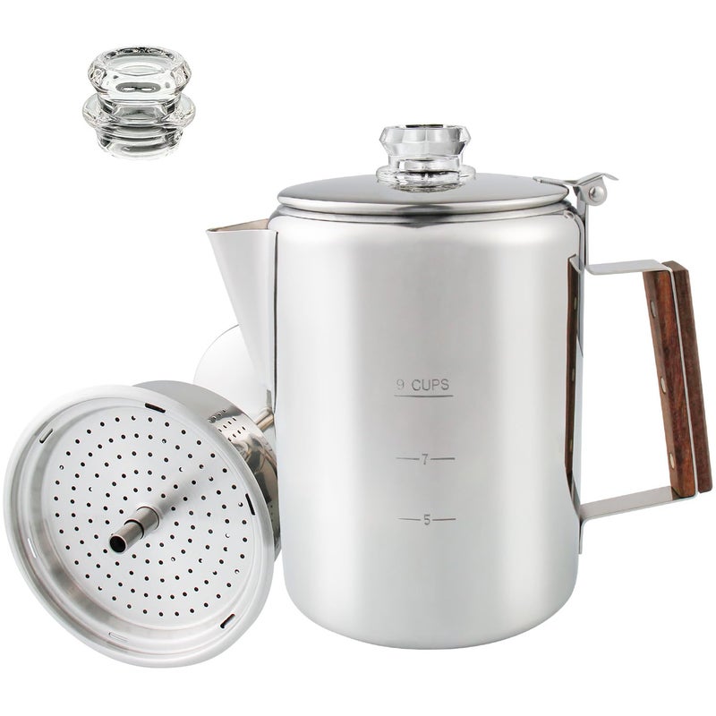 APOXCON Coffee Percolator Camping Coffee Pot Stainless Steel Coffee Maker with Two Heat Resistant Tough Glass Knob Using on any Stovetop Outdoor Traveling NO Aluminum NO Plastic 9 Cup