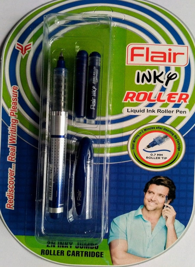 FLAIR Inky Series Liquid Ink Roller Pen Blister Pack | 0.7 mm Tip Size | Ergonomic Grip Makes It Easy To Hold | Attractive Body | Free 2 Pieces Jumbo Cartridges With Each Pack | Blue Ink, Pack Of 6