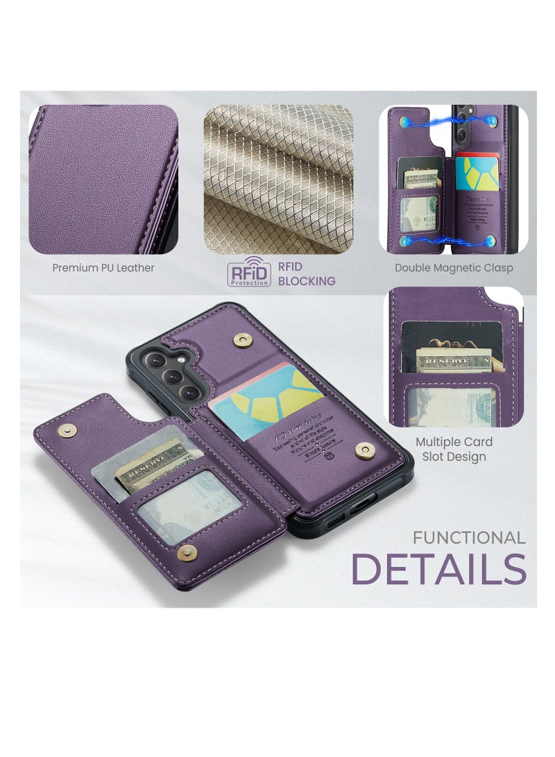 CaseMe Wallet Case for Samsung Galaxy S24 , Premium Handmade Durable PU Leather Slim Shockproof Case with [Double Magnetic Clasp] [Card Holder] [Kickstand] [RFID Blocking] (Purple) - Image 5