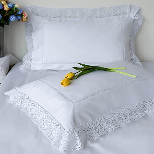 RANZNAZ Lace Pillow Shams King Size Set of 2, 100% Cotton White Embroidery Pillow Cases with Envelpoe Closure, Elegant Comfortable Breathable Pillow Covers, 20x36 Inches - Image 2