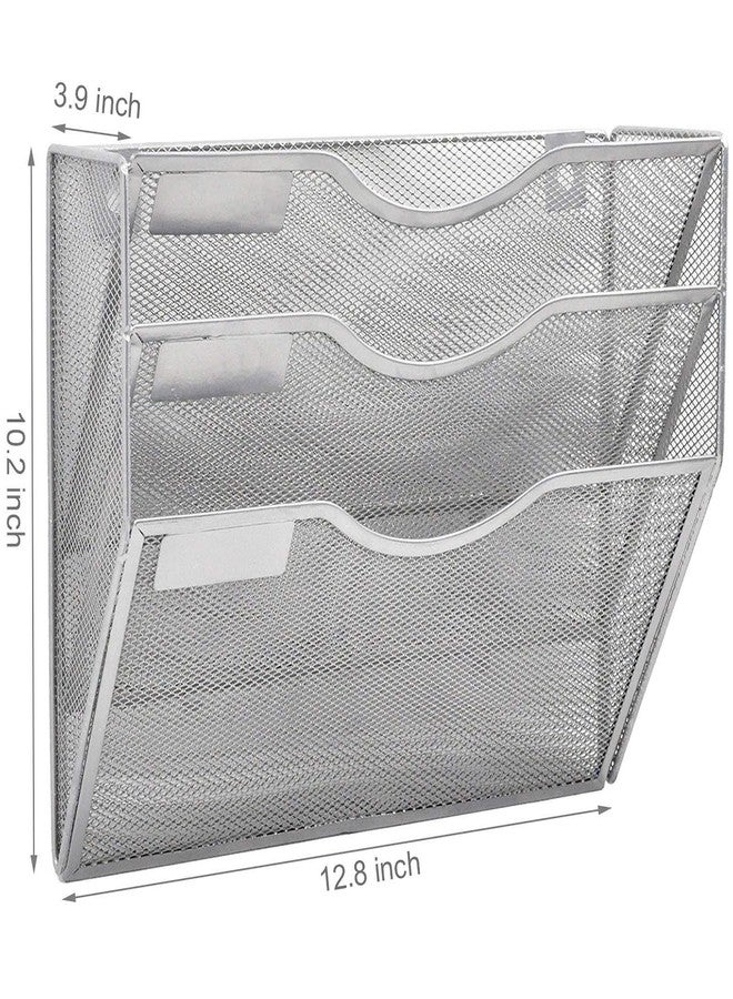 EASEPRES 3 Pocket Mesh Hanging Wall File Organizer, Wall Mounted Mail Paper Document Folder Holder, Clipboard Storage Organization Magazine Rack with Nametag Label for Office Home School, Silver - Image 2