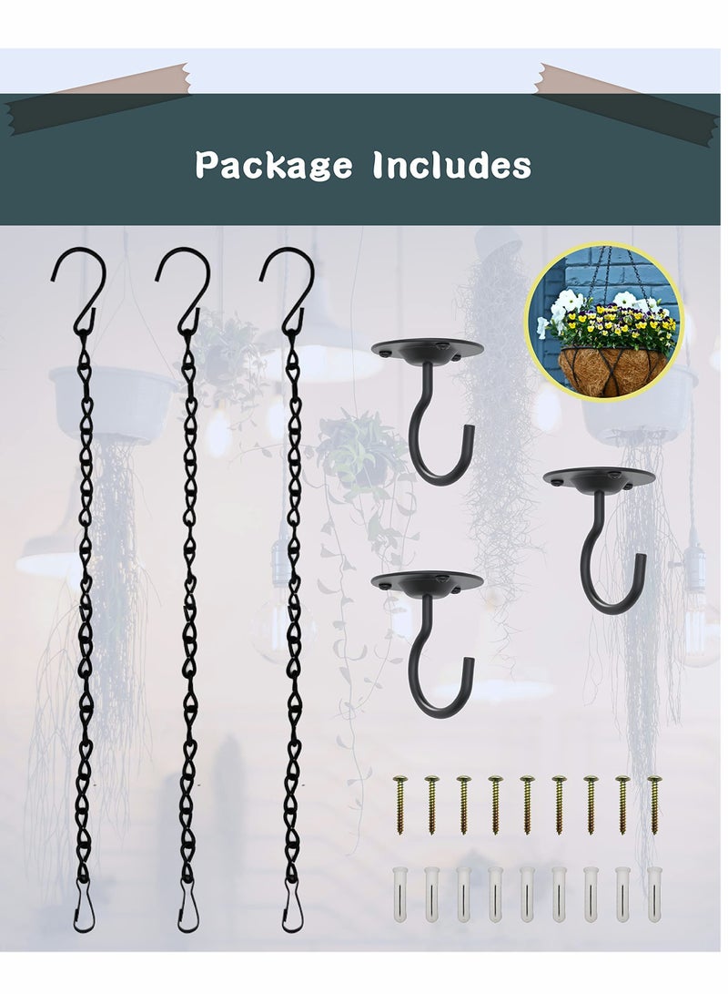 خطاف سقف معدني مع سلاسل معلقة للنباتات والفوانيس - مثالي لمغذيات الطيور وأجراس الرياح، 3 حزم باللون الأسود - Image 2