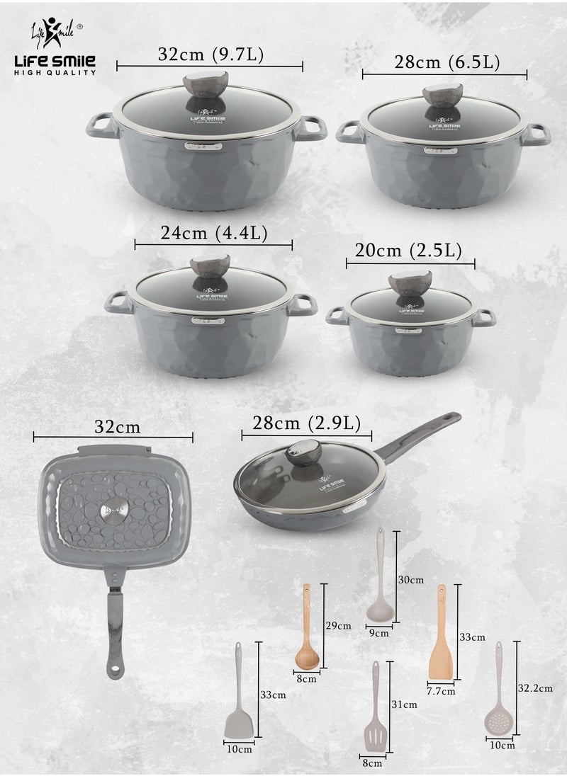Life Smile - 18Pcs Granite Coated Healthy Cookware Set - Die Cast Aluminum Cooking Casserrole Set Inclued Sauce & Stock Pots, French Frying Pan, Double Grill Pan - Nylon and Wooden Tools - PFOA & PTFE Free - Image 1