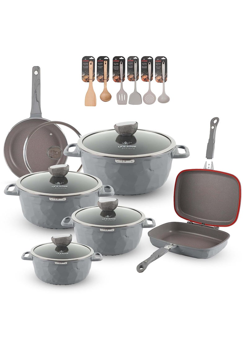 Life Smile - 18Pcs Granite Coated Healthy Cookware Set - Die Cast Aluminum Cooking Casserrole Set Inclued Sauce & Stock Pots, French Frying Pan, Double Grill Pan - Nylon and Wooden Tools - PFOA & PTFE Free - Image 1