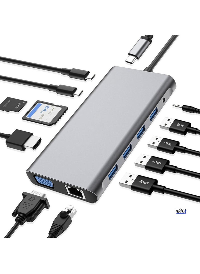 TIGER - 12-in-1 USB C Hub Docking Station with 4K HDMI, VGA, USB 3.0, Ethernet, SD/TF Card Reader, and More – Multiport Adapter for MacBook Pro, MacBook Air & Type-C Devices – Expand Connectivity, Power Delivery, High-Speed Data Transfer, and Versatile Functionality - Image 1