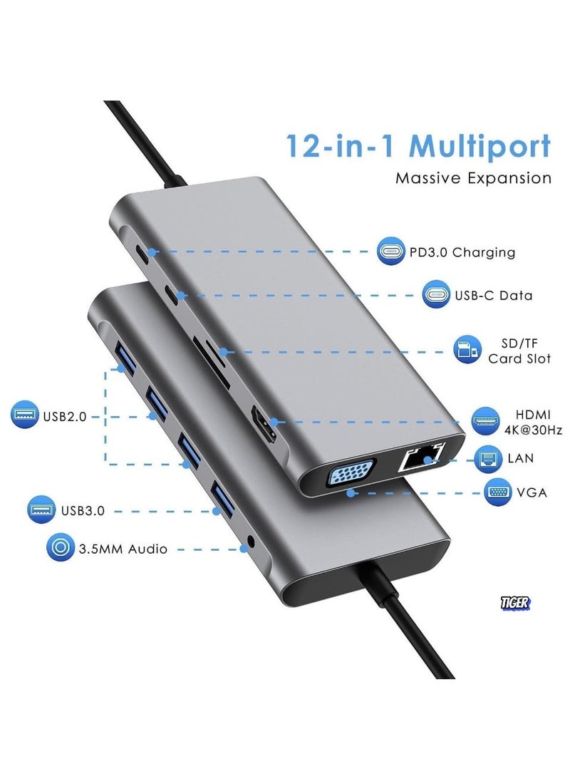 TIGER - 12-in-1 USB C Hub Docking Station with 4K HDMI, VGA, USB 3.0, Ethernet, SD/TF Card Reader, and More – Multiport Adapter for MacBook Pro, MacBook Air & Type-C Devices – Expand Connectivity, Power Delivery, High-Speed Data Transfer, and Versatile Functionality - Image 1