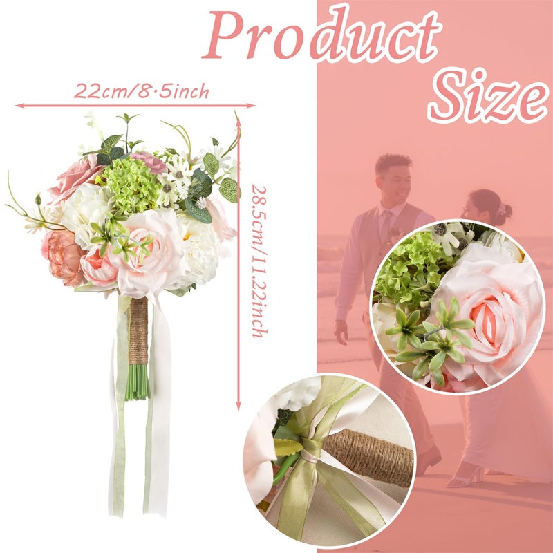 LCiclly 8.6in Blush Wedding Bouquets for Bride Bridesmaid, Pastel Pink White Green Bouquet Artificial Fake Silk Roses Flowers for Wedding Spring Garden Boho Rustic Decoration Toss Bouquet - Image 3
