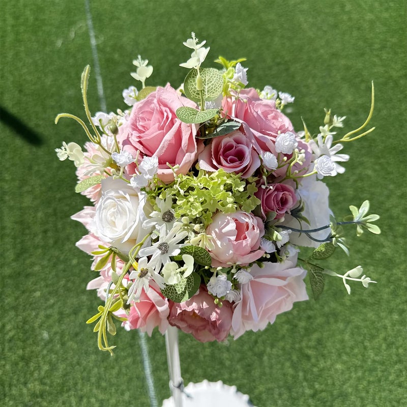 LCiclly 8.6in Blush Wedding Bouquets for Bride Bridesmaid, Pastel Pink White Green Bouquet Artificial Fake Silk Roses Flowers for Wedding Spring Garden Boho Rustic Decoration Toss Bouquet - Image 4