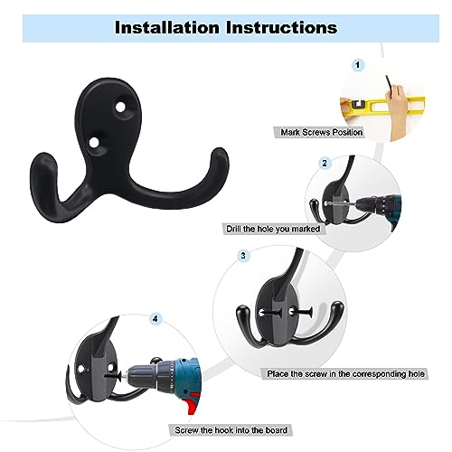 Kruodop 4 Pack Wall Hooks Wall Mounted Coat Hooks for Hanging Heavy Duty, Black Towel Hooks, Metal Double Coat Hanger with Screws Cup Retro for Coats, Handbags, Towels, Hat - Image 3