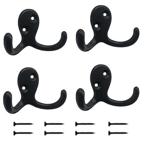 Kruodop 4 Pack Wall Hooks Wall Mounted Coat Hooks for Hanging Heavy Duty, Black Towel Hooks, Metal Double Coat Hanger with Screws Cup Retro for Coats, Handbags, Towels, Hat - Image 1