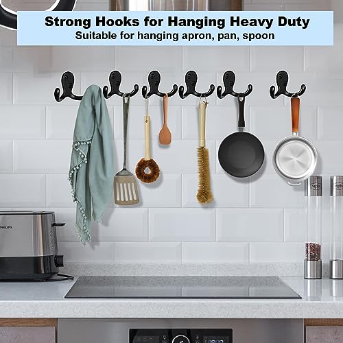 Kruodop 4 Pack Wall Hooks Wall Mounted Coat Hooks for Hanging Heavy Duty, Black Towel Hooks, Metal Double Coat Hanger with Screws Cup Retro for Coats, Handbags, Towels, Hat - Image 4