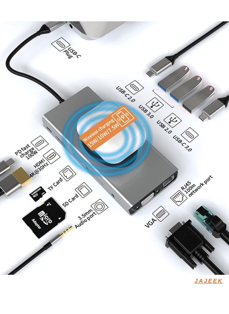 JAJEEK 13-in-1 USB C Docking Station with Wireless Charging, 4K HDMI, VGA, USB 3.0, USB C, Ethernet, SD/TF Card Reader – Ultimate Adapter for MacBook Pro, MacBook Air & Type-C Devices – Expand Your Connectivity - Image 2