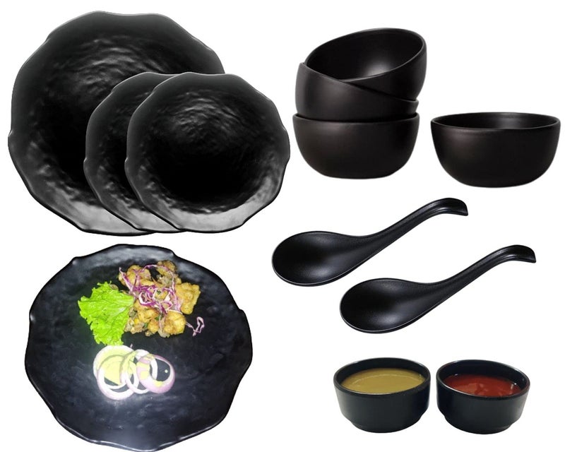 Home Decorise Melamine Matt Black Dinner Set for Kitchen, Dinnerware Sets for Dining Table, Serving Bowls and Tray (Zigzag Design, for 2 Person, Pack of 12 pcs) - Image 1