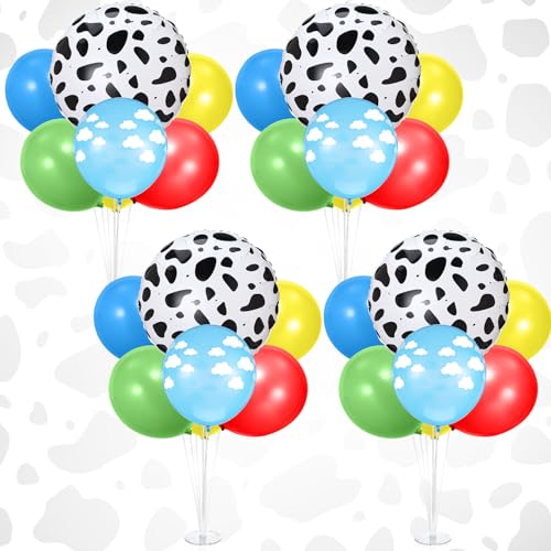 Charnoel Birthday Party Decorations Table Centerpiece Balloon Stand Kit with Cow Print Foil and Latex Balloon for Baby Shower Farm Animals Wedding Supplies 4 SetsBlue Red Yellow Green - Image 1