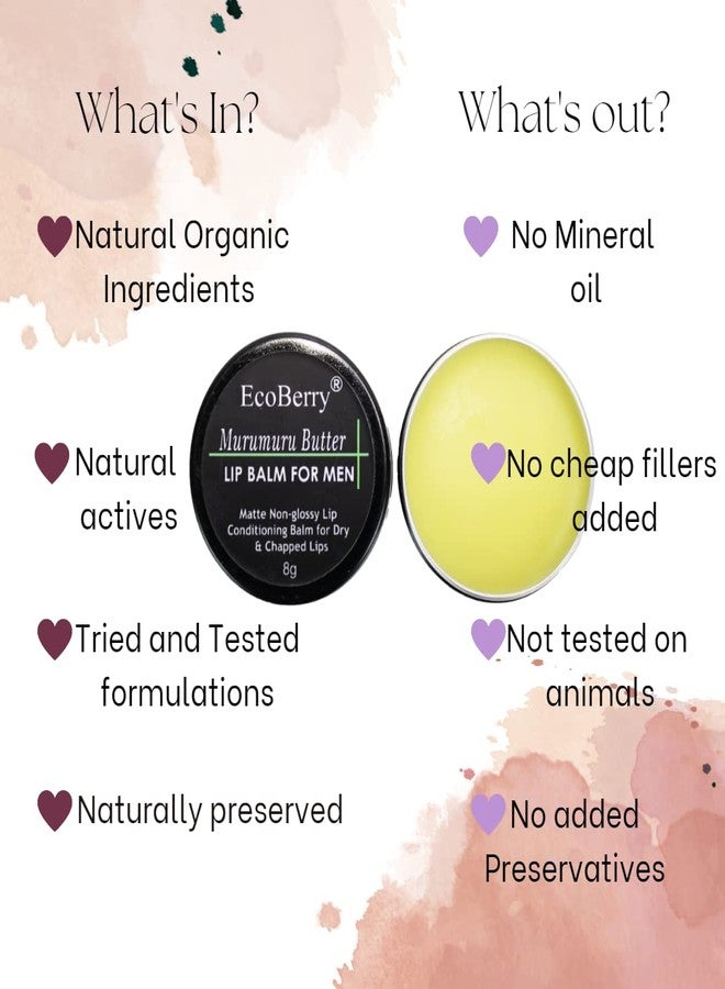 EcoBerry Murumuru Butter Lip Balm for Men Dry Chapped Lips (8g) | Non-Shiny Hydrating Lip Care | Dark Lip Repair Moisturizer with Cocoa Butter Vitamin E | Natural SPF | Chemical Free | Vegan - Image 4