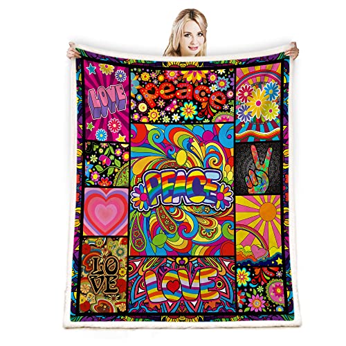 Juirnost Gift for Hippie Style - Peace Love Flower Throw Blanket with 70s Peace Sign Retro Hippy Stoner Groovy Design, Soft Cozy Fleece Plush Reversible Blanket for Couch, Bed, Sofa - Image 1