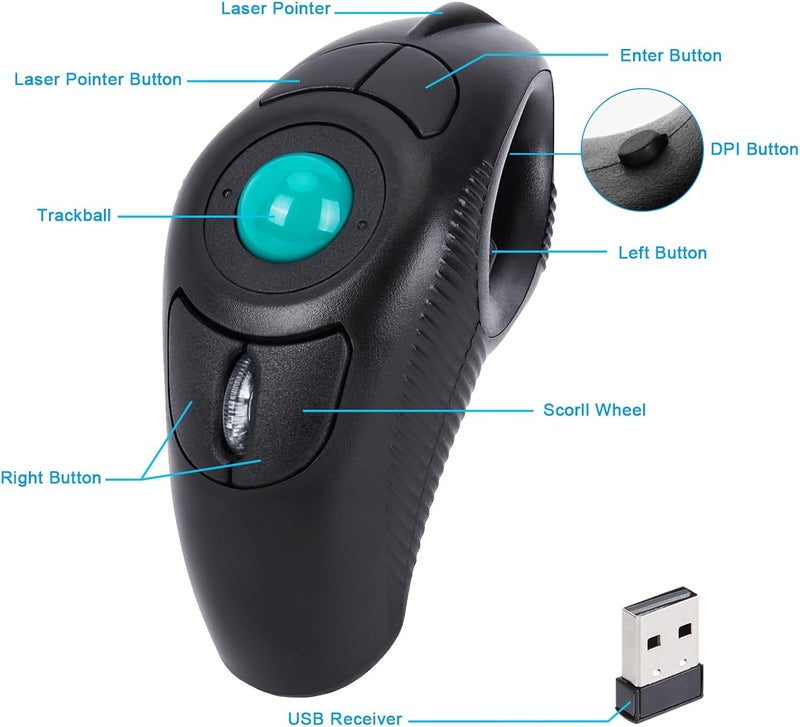 welspo Wireless USB Handheld Finger Trackball Mouse with Laser Pointer - Ergonomic Design - Image 2