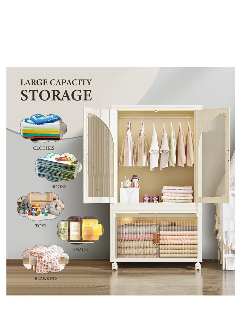 Generic Portable Kids Closet Children's Wardrobe Collapsible Plastic Large Baby Clothes Cabinet Bedroom Nursery Armoire Quick Install Toddler Dresser with Hanging Rod and Door,White  - Image 3