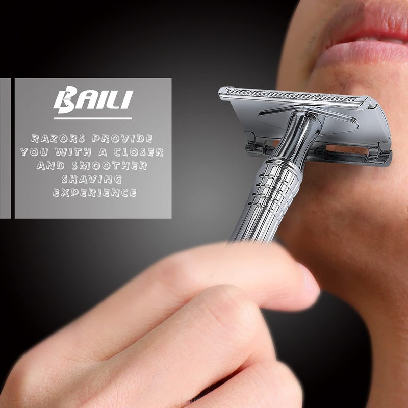 BAILI Classic 3-Piece Double Edge Safety Razor Wet Shaving for Men Women with Platinum Blade and Mirrored Travel Case BD176 - Image 3