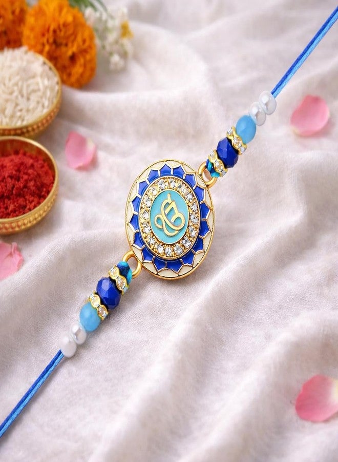 Riddhika Ventures Royal Blue Sacred Ek Onkar Rakhi Represents spirituality, positivity, and divine protection with Roli Chawal and Greeting Card (K10) - Image 3