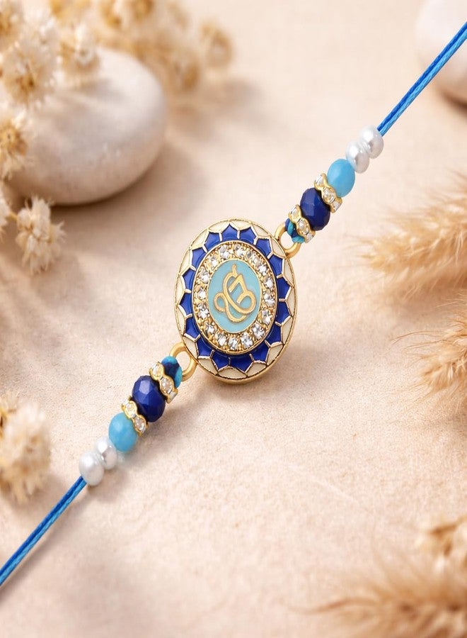 Riddhika Ventures Royal Blue Sacred Ek Onkar Rakhi Represents spirituality, positivity, and divine protection with Roli Chawal and Greeting Card (K10) - Image 2
