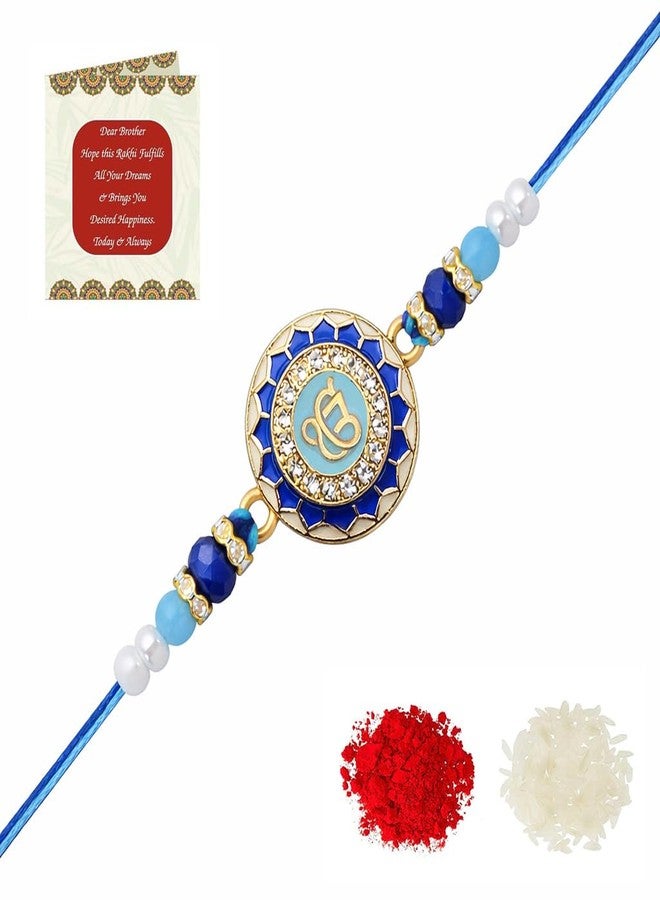 Riddhika Ventures Royal Blue Sacred Ek Onkar Rakhi Represents spirituality, positivity, and divine protection with Roli Chawal and Greeting Card (K10) - Image 1