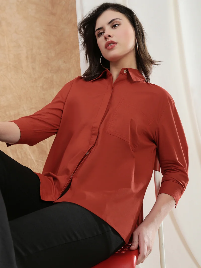 globus Globus Women Red Spread Collar Cuffed Sleeve Patch Pocket High-Low Hem Oversized Shirt