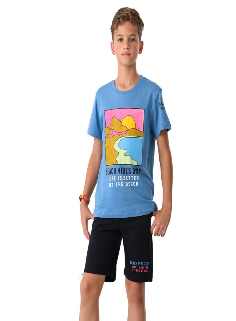 Urbasy Boys/Teens Printed Round Neck Blue T-Shirt With Navy Blue solid Shorts set - Image 1