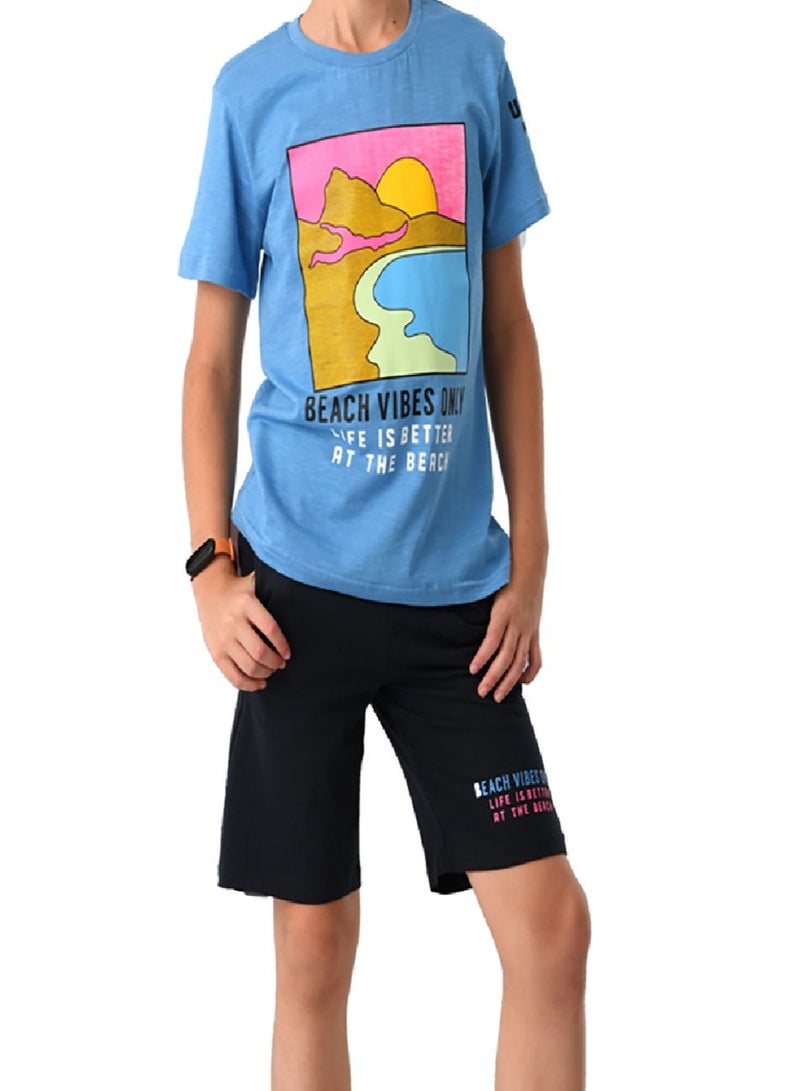 Urbasy Boys/Teens Printed Round Neck Blue T-Shirt With Navy Blue solid Shorts set - Image 2